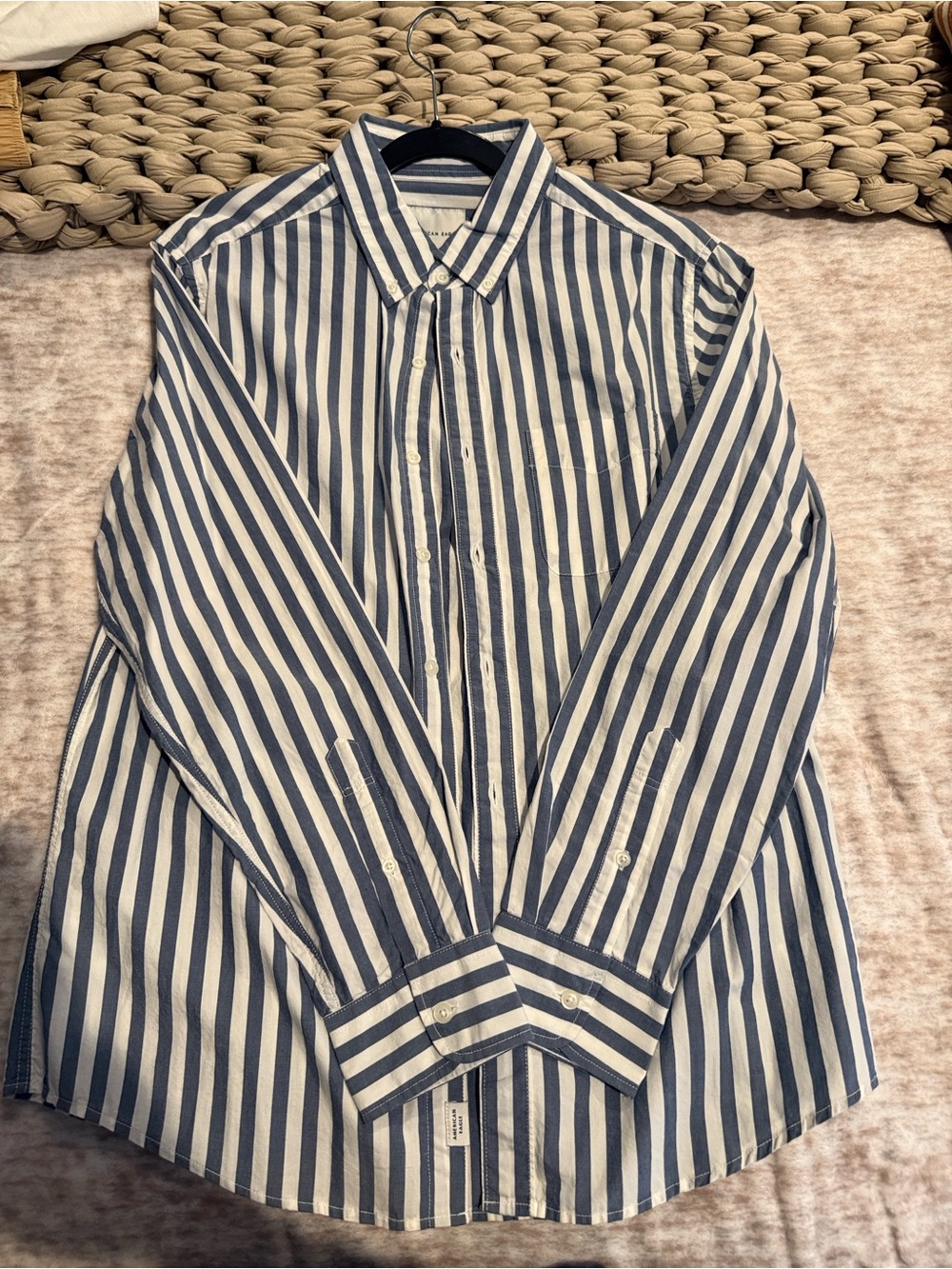 American Eagle Outfitters Blue and White Vertical Stripe Dress Shirt
